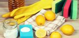 Frühjahrsputz: Putzmittel selbst herstellen Zitronen, Essig, Natron und Kernseife oder Seifenflocken. Schwämme, Lappen, Gummihandschuhe.