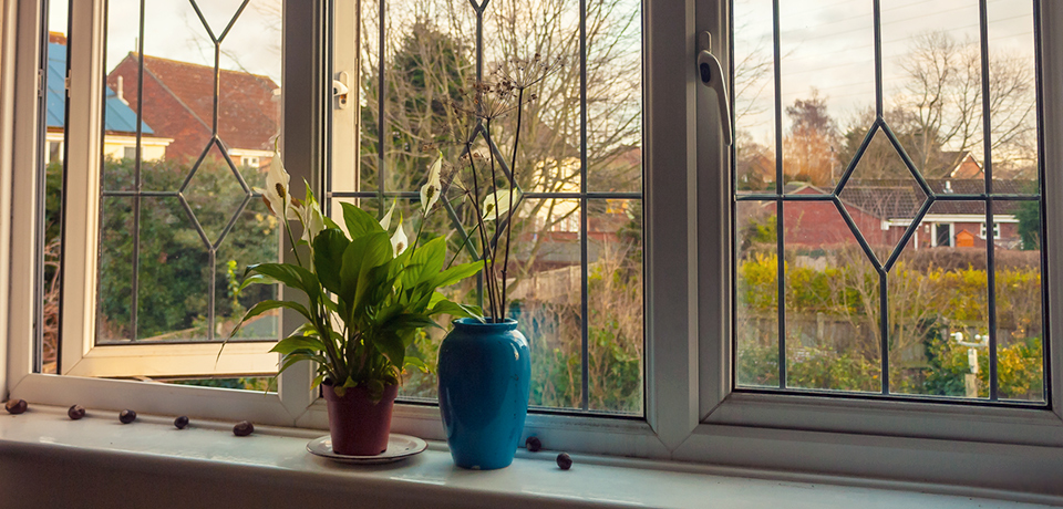 Blick nach draußen durch ein Fenster mit drei Elementen, wovon eines geöffnet ist.