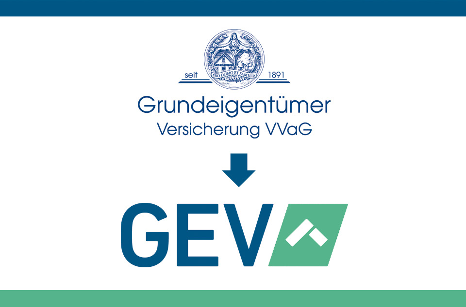 Aus der Grundeigentümer-Versicherung wird GEV. Die Logos: Vorher - Nachher