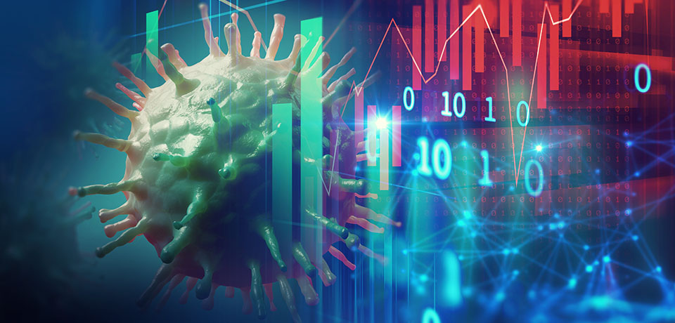 Ein Coronavirus schiebt vor digitalem Hintergrund Nullen und Einsen vor sich her. Das symbolisiert den Digitalisierungschub, der durch die Krise entstanden ist. 